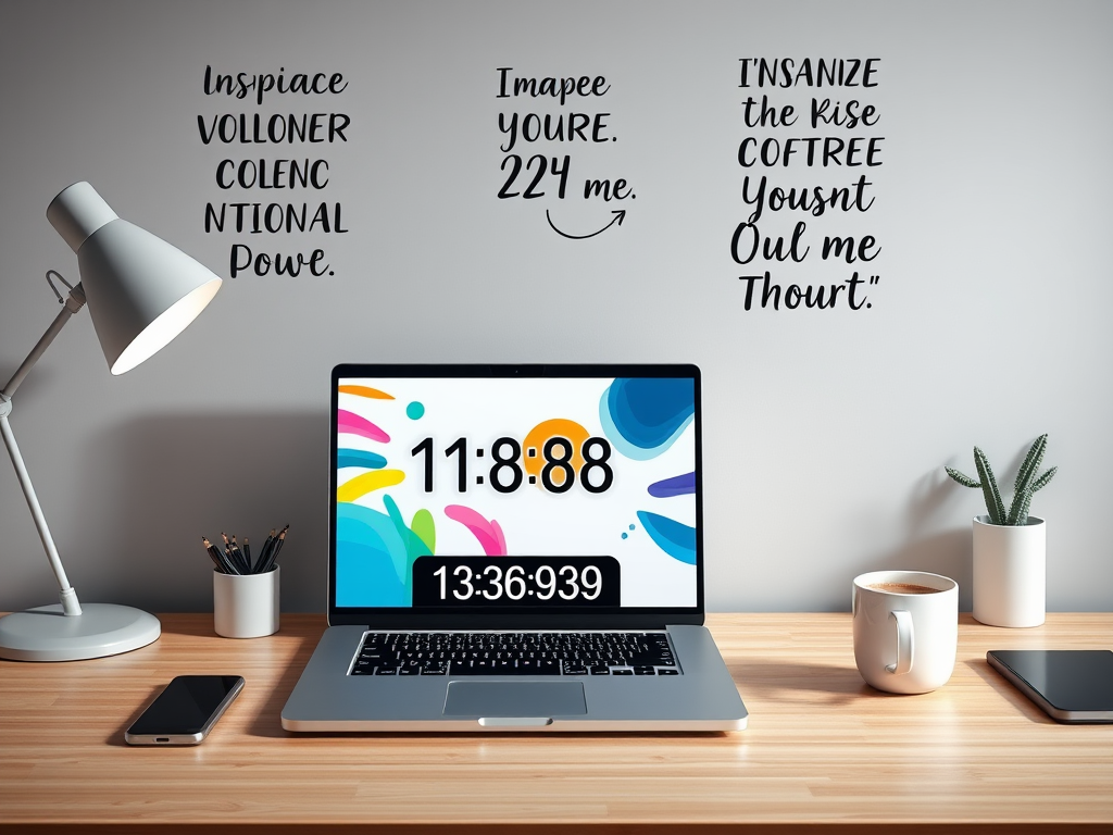 Moderne werkruimte met laptop, timer en inspirerende quotes.
