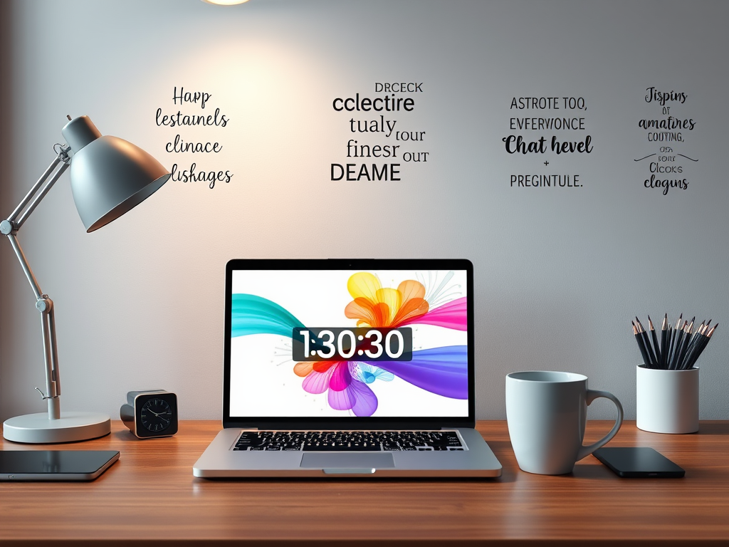 Modern bureau met laptop, timer en inspirerende quotes.