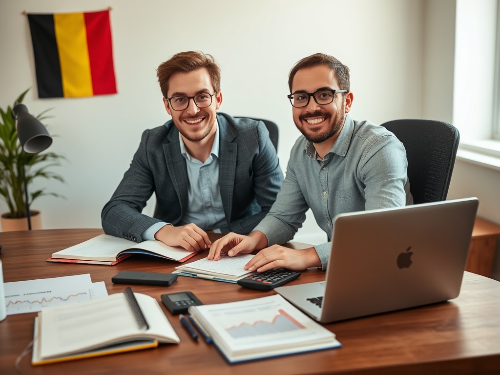 "A Belgian entrepreneur at a tidy desk, markers of success