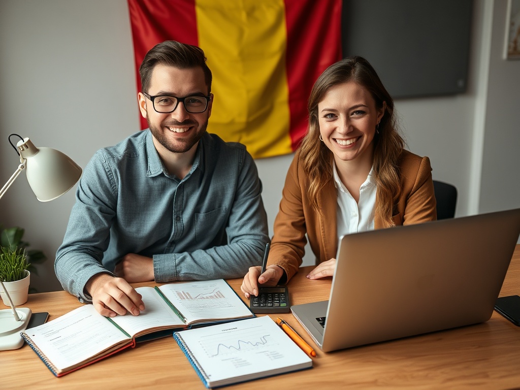 "A Belgian entrepreneur at a tidy desk, markers of success