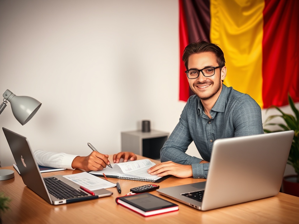 "A Belgian entrepreneur at a tidy desk, markers of success