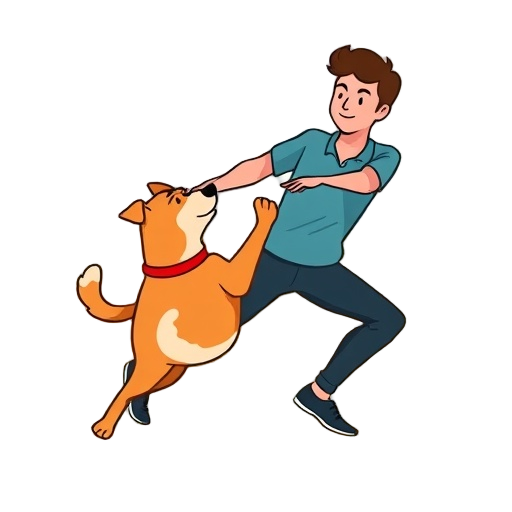 "Cani-One" image of a person and dog doing a joint exercise at home, on a bright solid background, simplified shapes, energetic pose, playful vibe, outlined characters, warm colors"