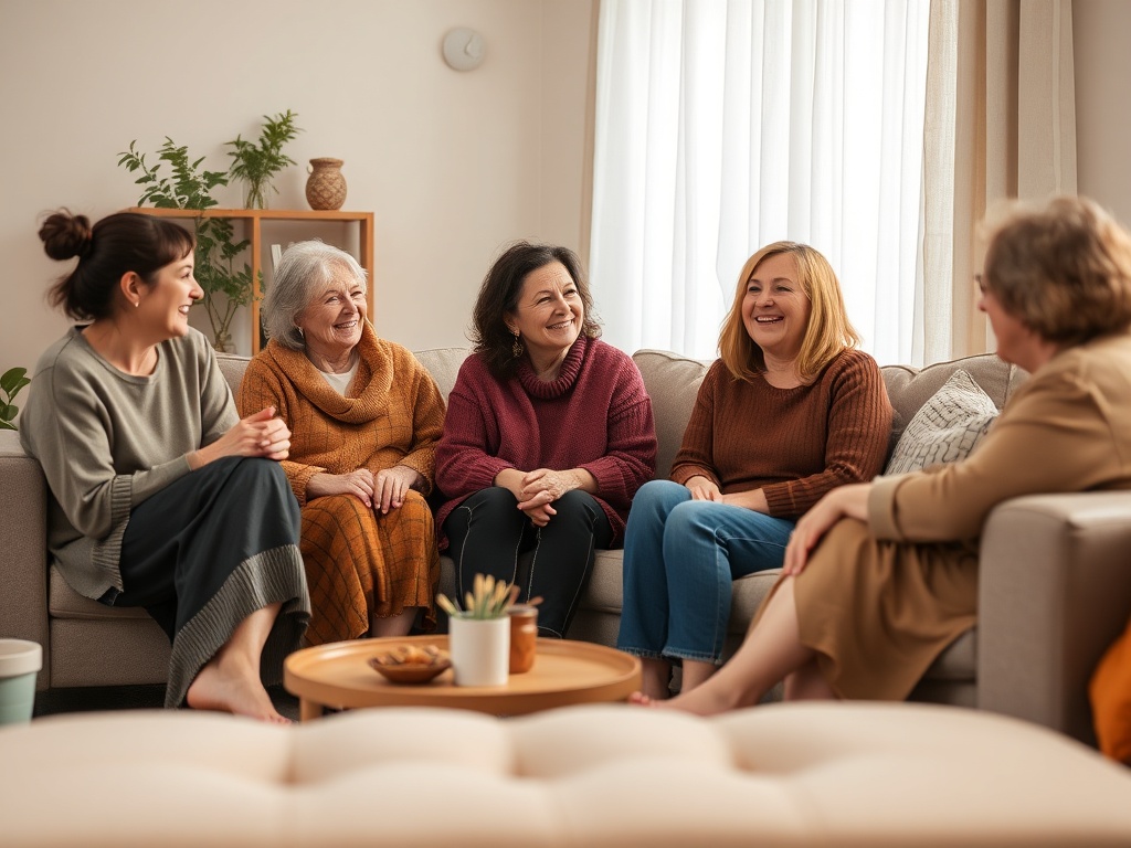"A warm, supportive living room scene showing diverse, middle-aged women sharing experiences; soft lighting, comforting atmosphere, subtle hints of wellbeing, no logos."