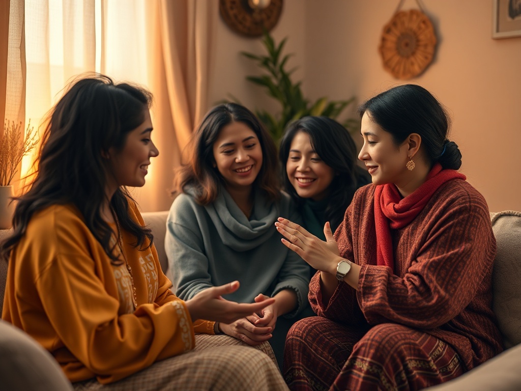 "An intimate, hopeful scene showing diverse women sharing supportive guidance, warm colors, gentle lighting, a cozy setting with subtle symbols of health and cycles."