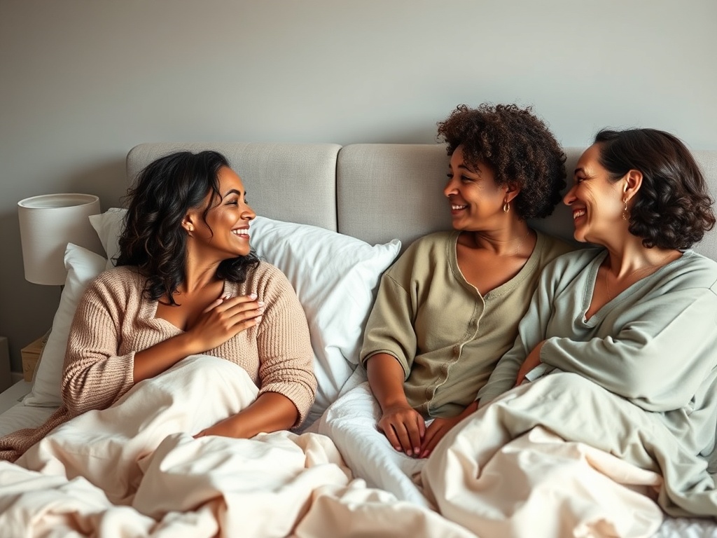 "A comforting midlife bedroom scene showing three diverse women sharing a warm, intimate moment; soft lighting, harmonious colors, subtle empowerment, supportive atmosphere, no logos."