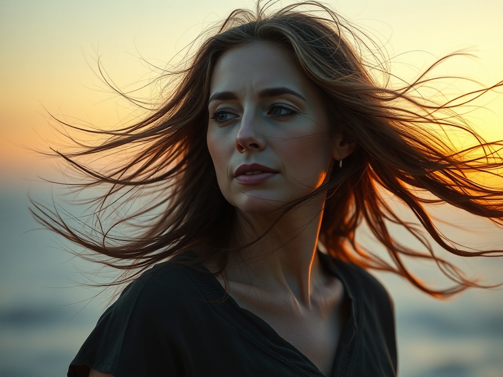 "A serene, detailed scene of a woman in midlife, surrounded by flowing wind motifs, soft sunrise light, subtle temperature cues, and gentle movement symbols, abstract yet intimate."