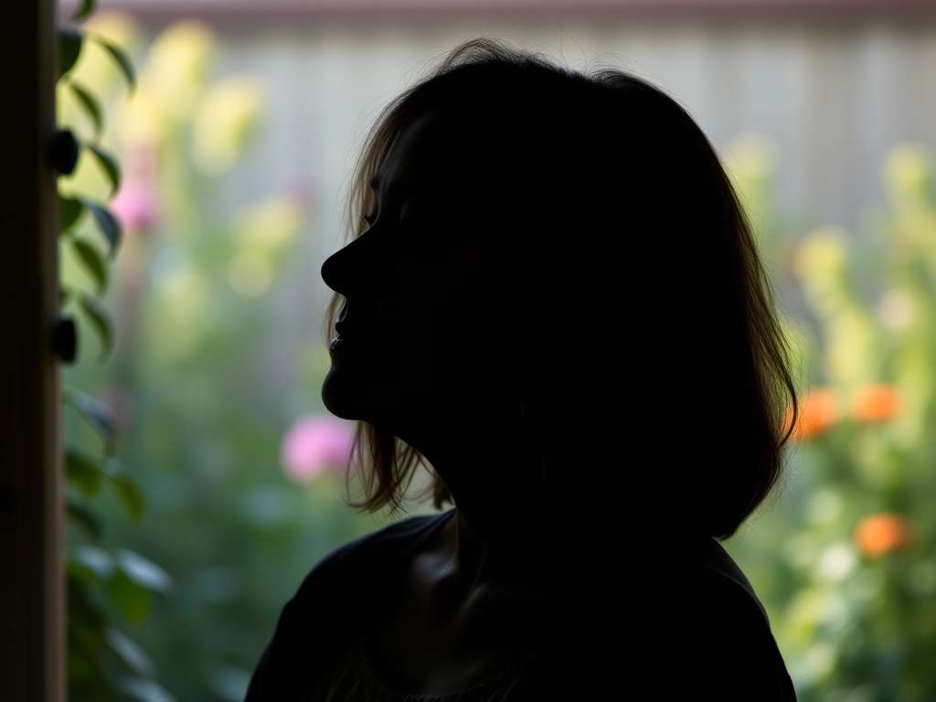 "A compassionate midlife woman, silhouette in soft light, serene expression, subtle garden backdrop, gentle hints of wellness and intimacy, warm tones."