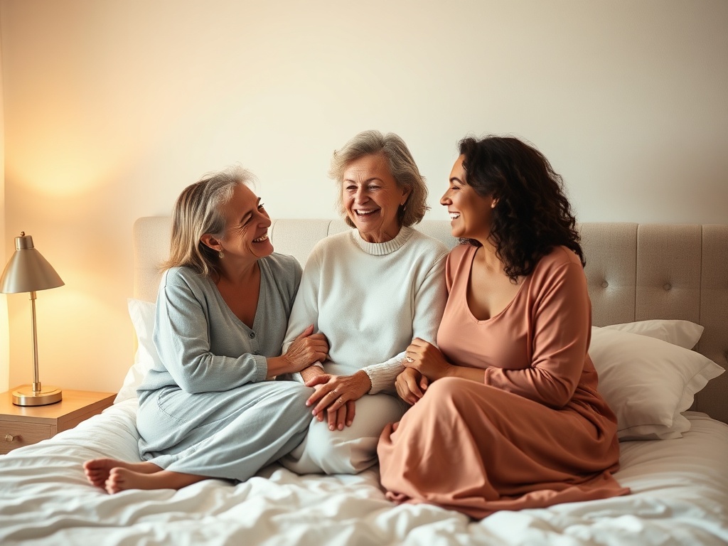 "A comforting midlife bedroom scene showing three diverse women sharing a warm, intimate moment; soft lighting, harmonious colors, subtle empowerment, supportive atmosphere, no logos."
