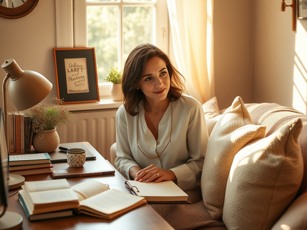 "A warm-toned, intimate scene of a woman in midlife settling at a cozy desk with sunlight, journals, and soft pillows, calm, hopeful, tactile details."
