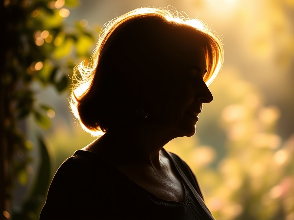 "A compassionate midlife woman, silhouette in soft light, serene expression, subtle garden backdrop, gentle hints of wellness and intimacy, warm tones."