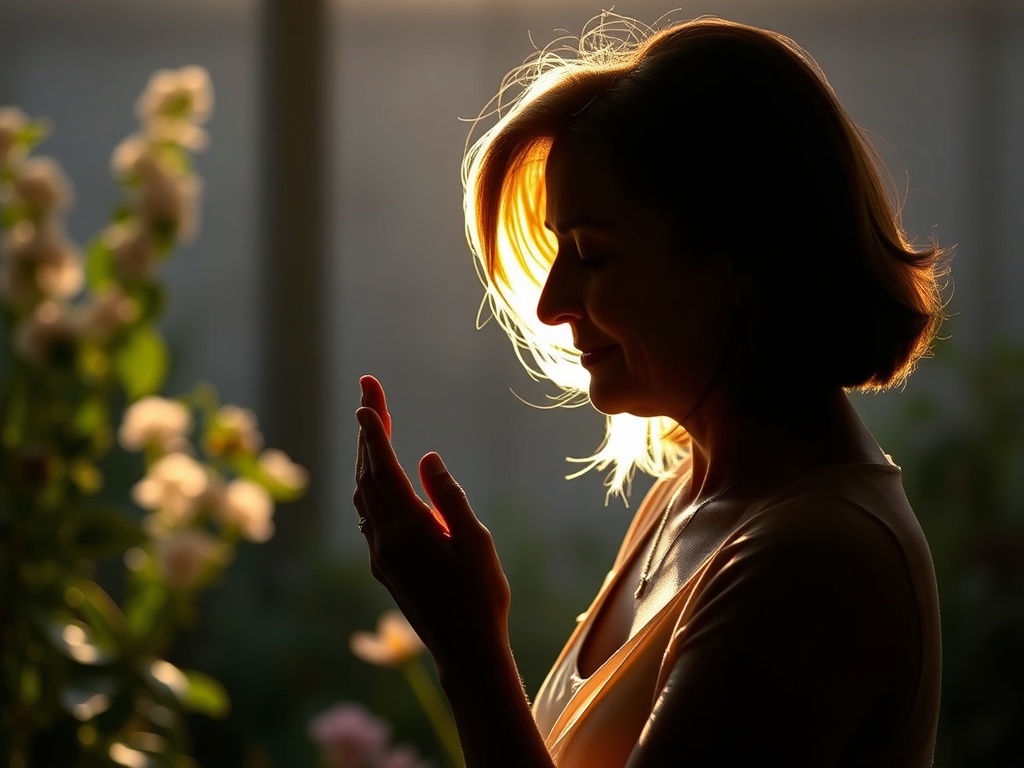 "A compassionate midlife woman, silhouette in soft light, serene expression, subtle garden backdrop, gentle hints of wellness and intimacy, warm tones."