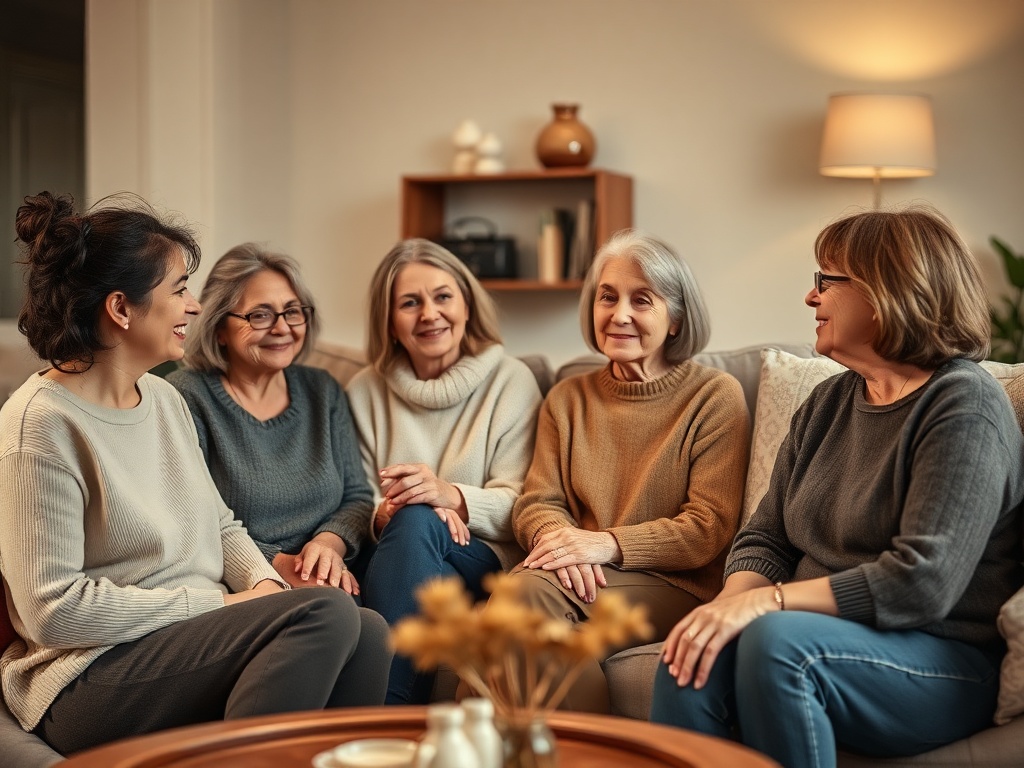 "A warm, supportive living room scene showing diverse, middle-aged women sharing experiences; soft lighting, comforting atmosphere, subtle hints of wellbeing, no logos."