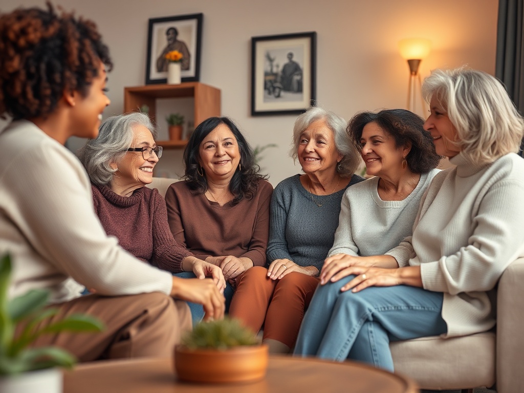 "A warm, supportive living room scene showing diverse, middle-aged women sharing experiences; soft lighting, comforting atmosphere, subtle hints of wellbeing, no logos."