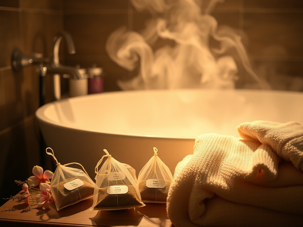 "A serene, luxurious bath scene with three elegant tea-bag sachets resting beside a softly lit, steam-filled bathtub, delicate flowers, and a warm towel, no branding."