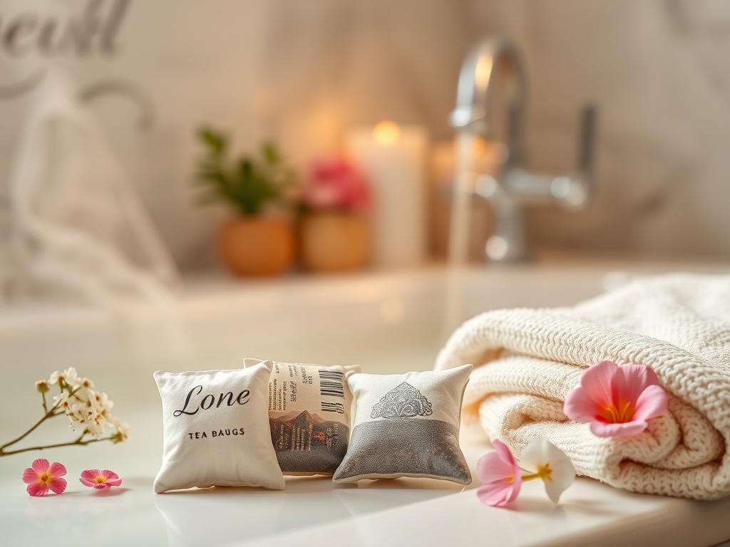 "A serene, luxurious bath scene with three elegant tea-bag sachets resting beside a softly lit, steam-filled bathtub, delicate flowers, and a warm towel, no branding."