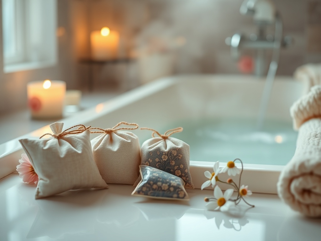 "A serene, luxurious bath scene with three elegant tea-bag sachets resting beside a softly lit, steam-filled bathtub, delicate flowers, and a warm towel, no branding."
