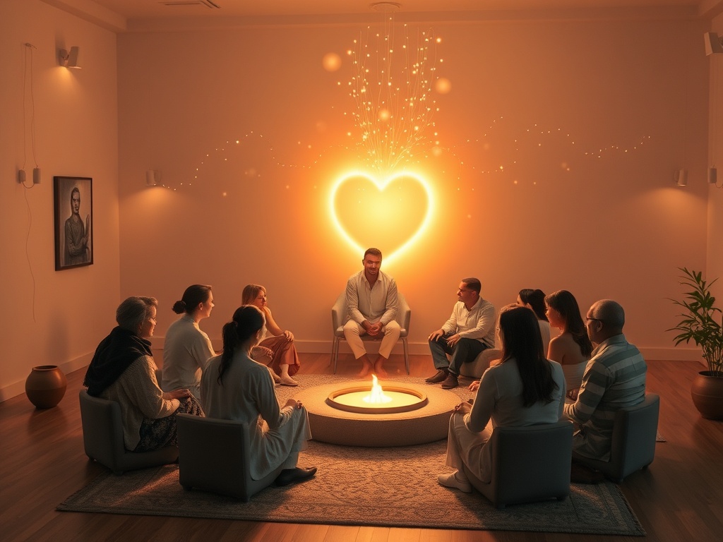 "Soft-lit sanctuary; diverse clients seated in calm circle, warm aura around heart, therapist's gentle presence, floating light threads symbolizing insights, safe healing ambiance."