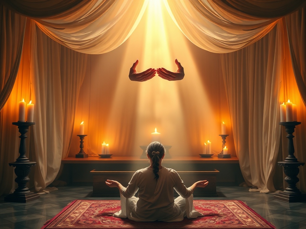 "A serene candlelit temple with flowing drapes; a healer’s hands hovering over a relaxed seated client; soft warm light rays, breath-like mist, tranquil spiritual atmosphere, flowing energy."