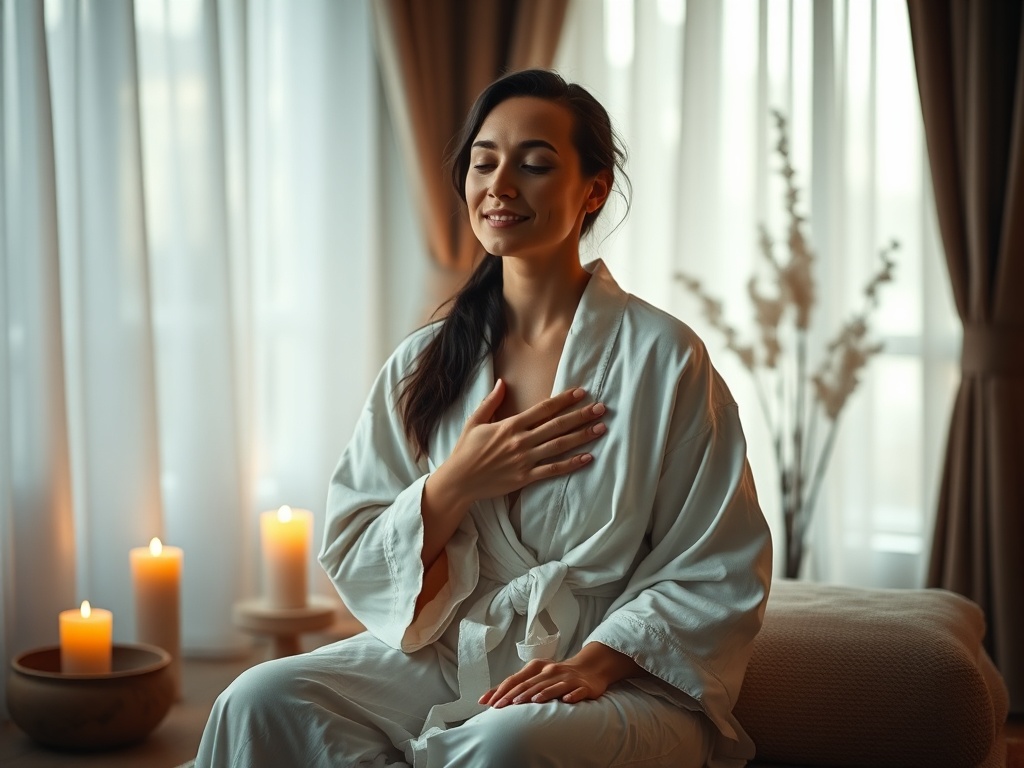 "Soft candlelike warm light, a calm woman seated in flowing robe, gentle hand on heart, relaxed breathing, serene indoor spa atmosphere, tasteful drapery"