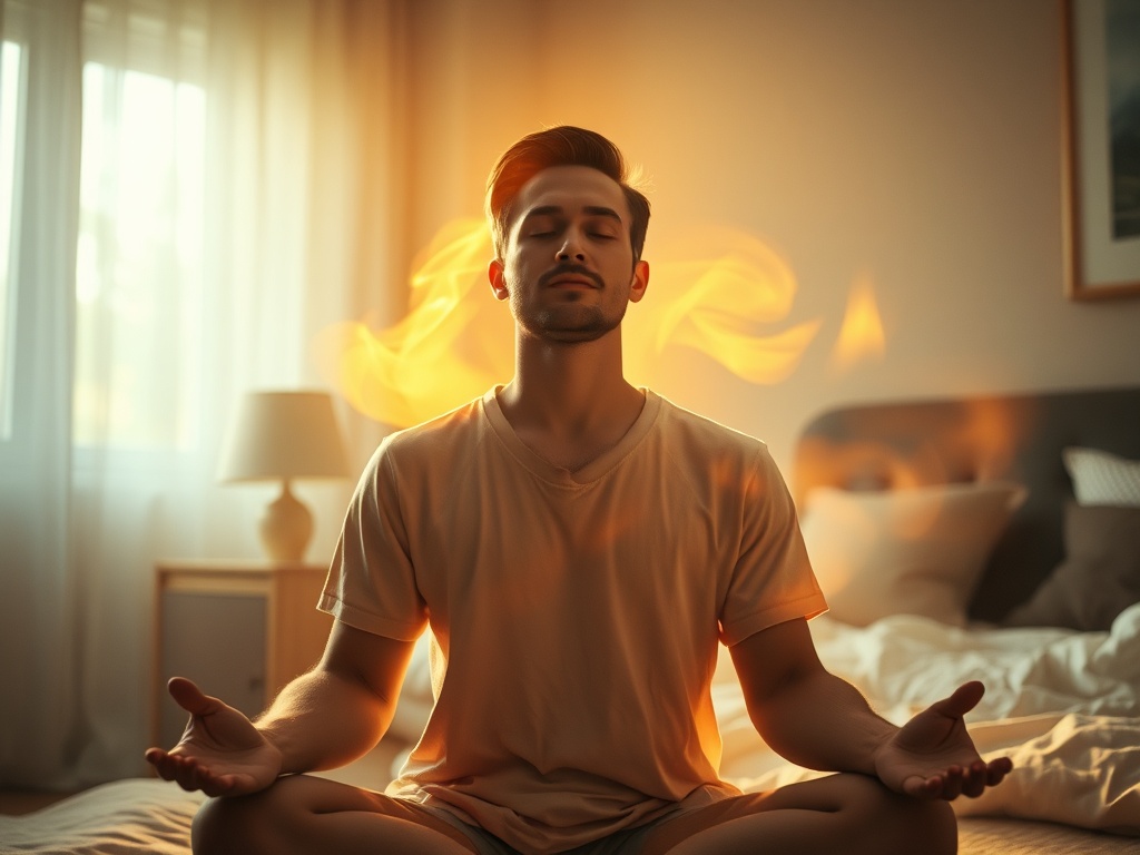 Serene adult in meditation, soft golden light swirling from chest outward, gentle mist releasing old habits, calming bedroom, hopeful expression, cinematic lighting.