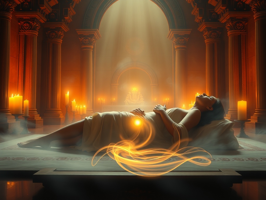 A candlelit sacred temple interior, warm amber light, serene reclining figure in flowing silk, gentle hands, breath-like mist, subtle golden energy swirling to heart and pelvis.