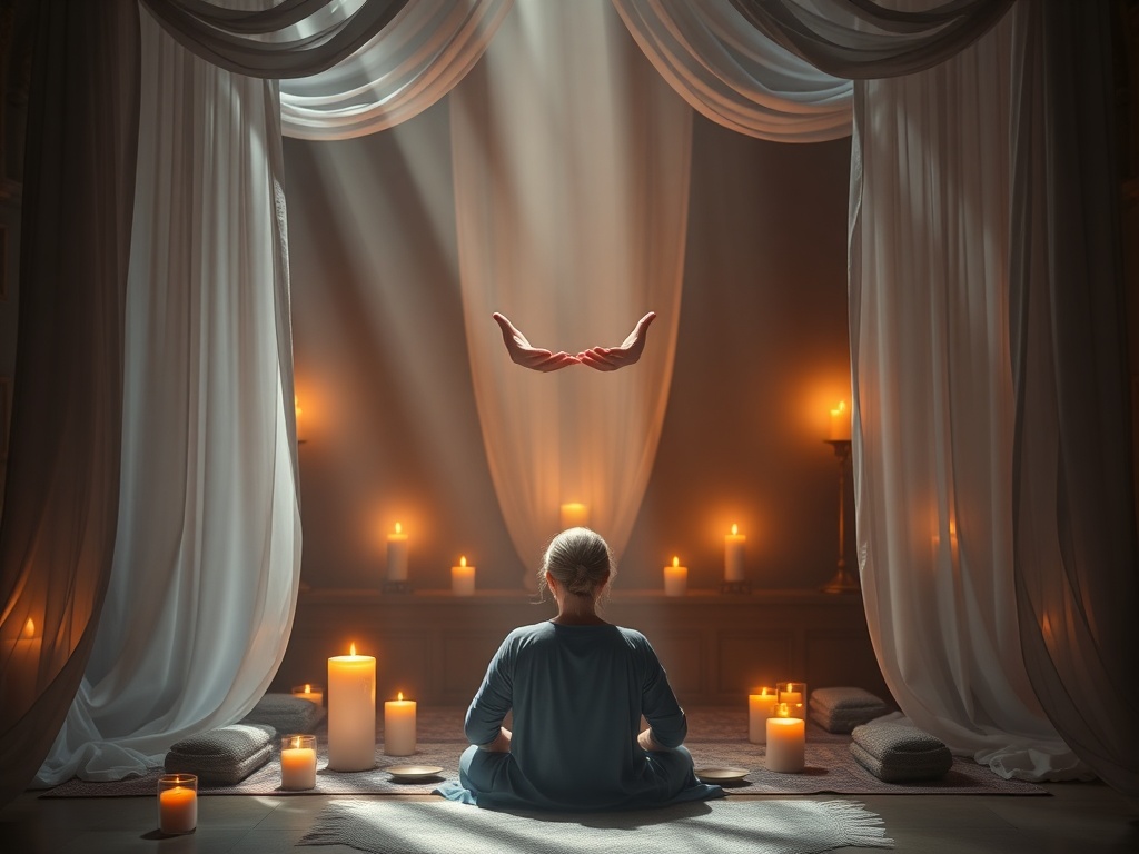 "A serene candlelit temple with flowing drapes; a healer’s hands hovering over a relaxed seated client; soft warm light rays, breath-like mist, tranquil spiritual atmosphere, flowing energy."