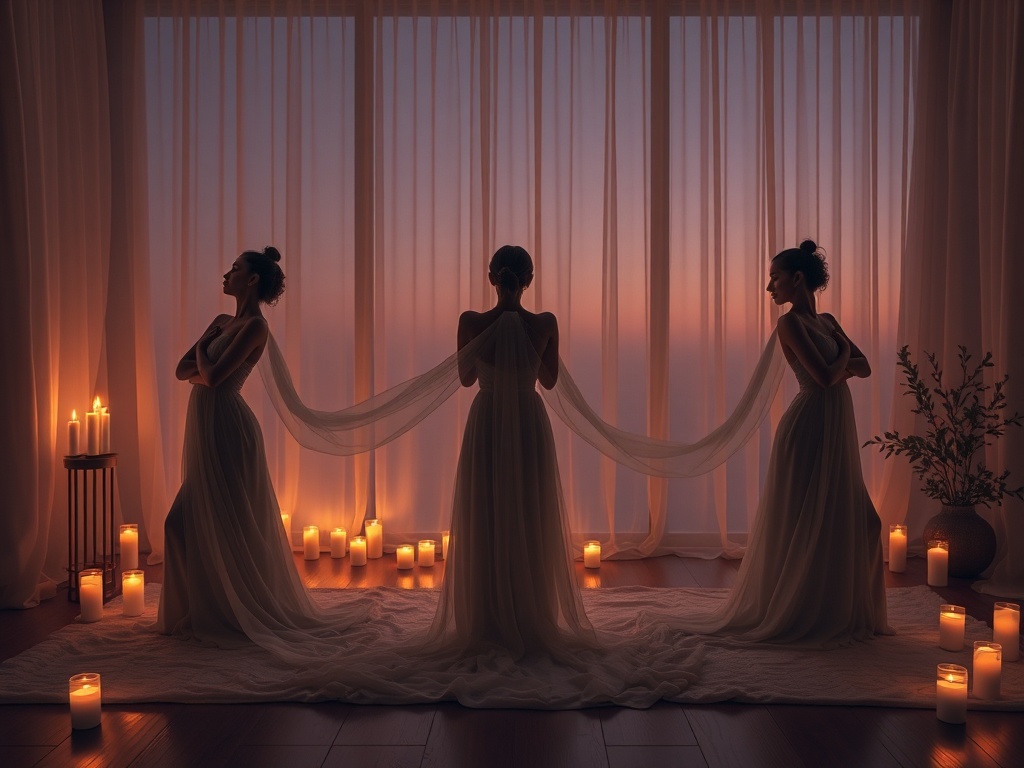 "A serene candlelit room, soft flowing fabrics, three arranged figures in graceful poses, flowing breath symbolism, warm light transitioning from dusk to dawn, inviting safe sensual connection"