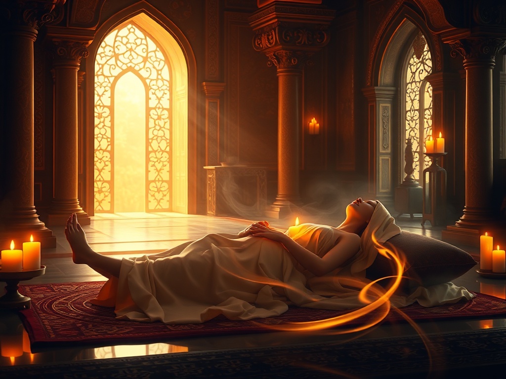 A candlelit sacred temple interior, warm amber light, serene reclining figure in flowing silk, gentle hands, breath-like mist, subtle golden energy swirling to heart and pelvis.