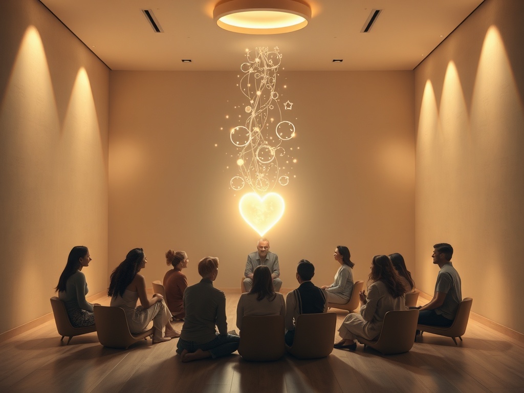 "Soft-lit sanctuary; diverse clients seated in calm circle, warm aura around heart, therapist's gentle presence, floating light threads symbolizing insights, safe healing ambiance."