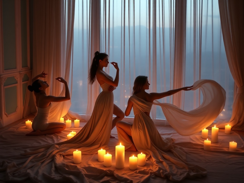 "A serene candlelit room, soft flowing fabrics, three arranged figures in graceful poses, flowing breath symbolism, warm light transitioning from dusk to dawn, inviting safe sensual connection"