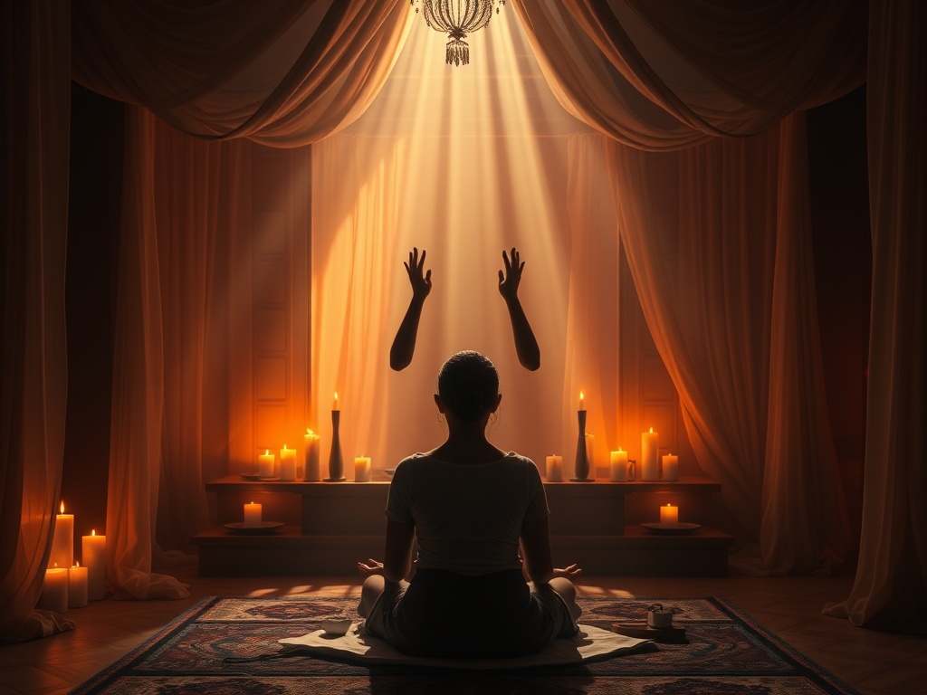 "A serene candlelit temple with flowing drapes; a healer’s hands hovering over a relaxed seated client; soft warm light rays, breath-like mist, tranquil spiritual atmosphere, flowing energy."