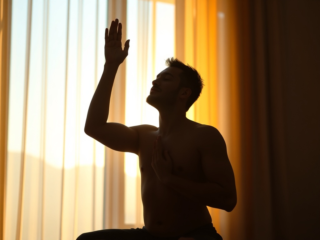 A calm male silhouette practicing kundalini yoga at home, sunrise window glow, soft blue orange light, mindful breathing, abstract energy lines, serene affirmation mood, no logos, no text.