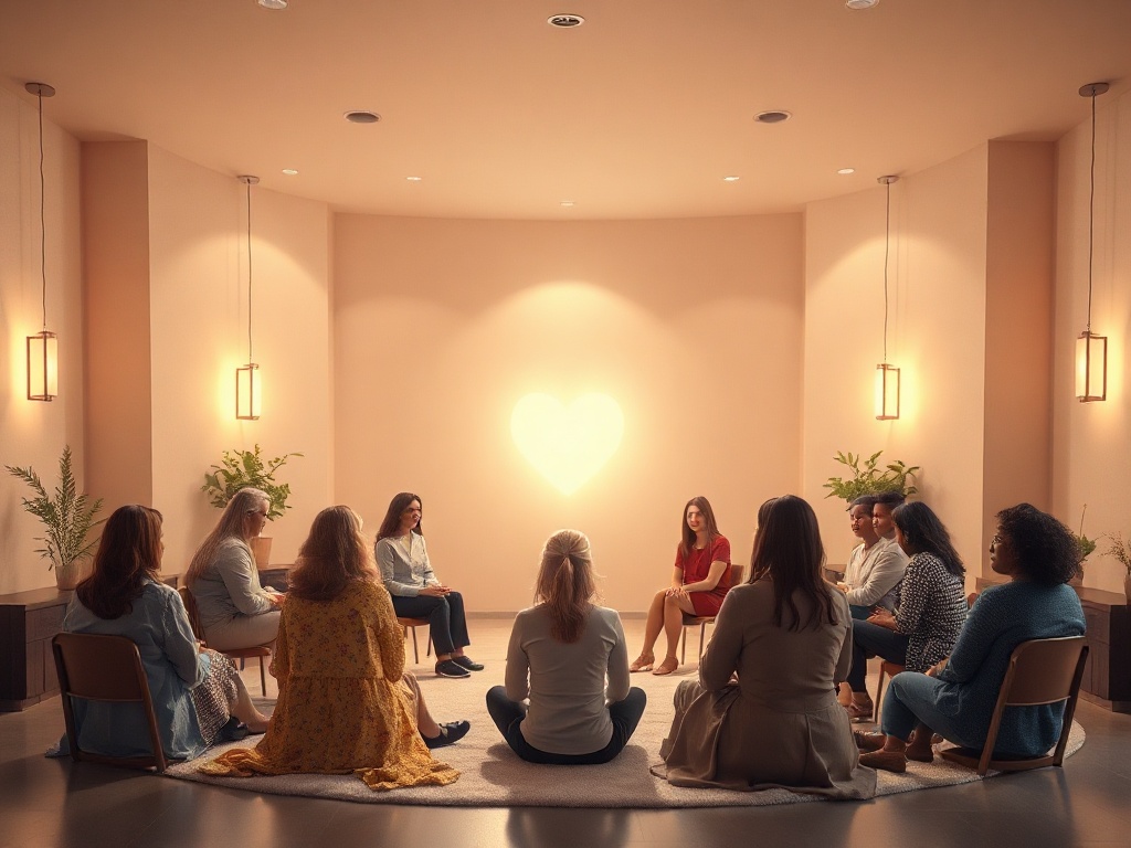 "Soft-lit sanctuary; diverse clients seated in calm circle, warm aura around heart, therapist's gentle presence, floating light threads symbolizing insights, safe healing ambiance."