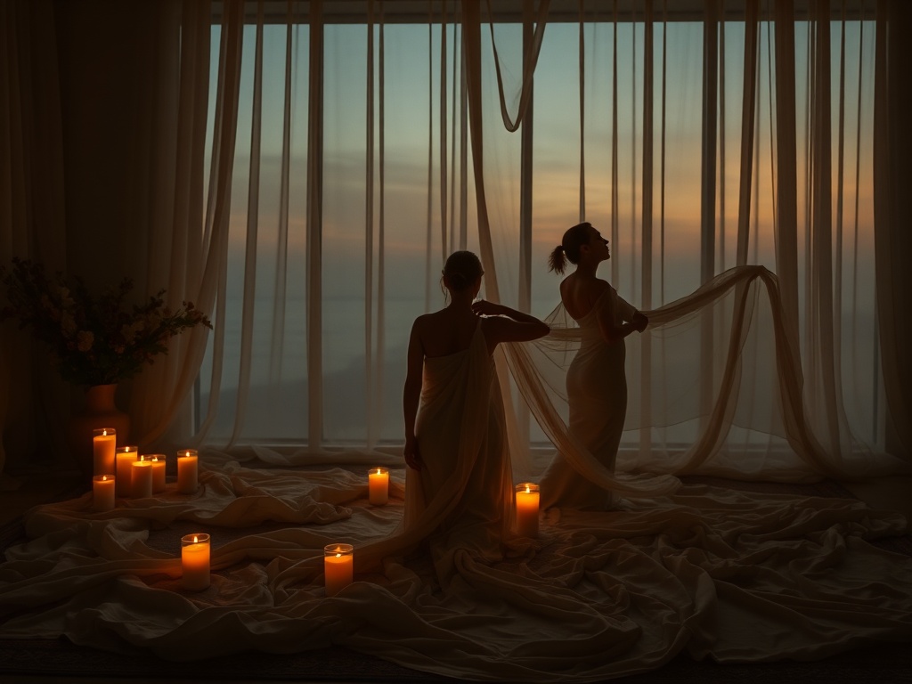 "A serene candlelit room, soft flowing fabrics, three arranged figures in graceful poses, flowing breath symbolism, warm light transitioning from dusk to dawn, inviting safe sensual connection"