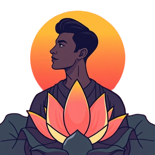 Carefully describe an image in great detail that needs to be generate, use quotes to split visual things. " "man" "sun" "lotus"