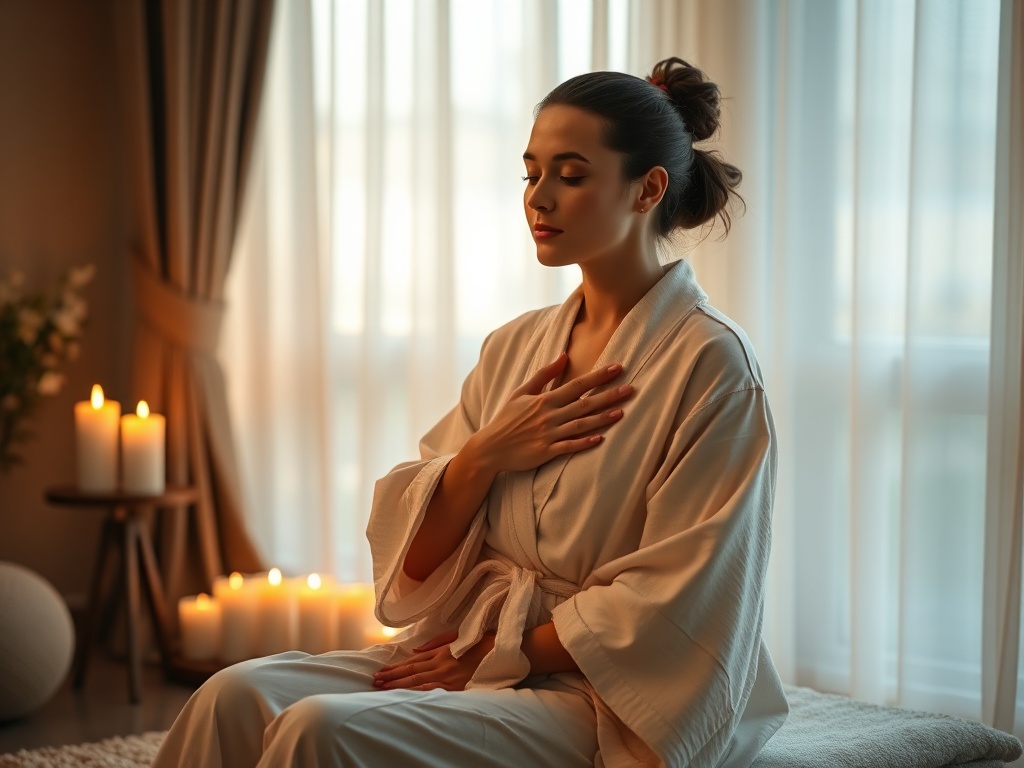 "Soft candlelike warm light, a calm woman seated in flowing robe, gentle hand on heart, relaxed breathing, serene indoor spa atmosphere, tasteful drapery"