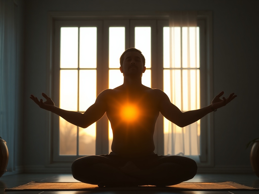 A calm male silhouette practicing kundalini yoga at home, sunrise window glow, soft blue orange light, mindful breathing, abstract energy lines, serene affirmation mood, no logos, no text.