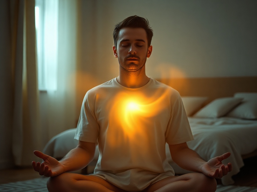 Serene adult in meditation, soft golden light swirling from chest outward, gentle mist releasing old habits, calming bedroom, hopeful expression, cinematic lighting.