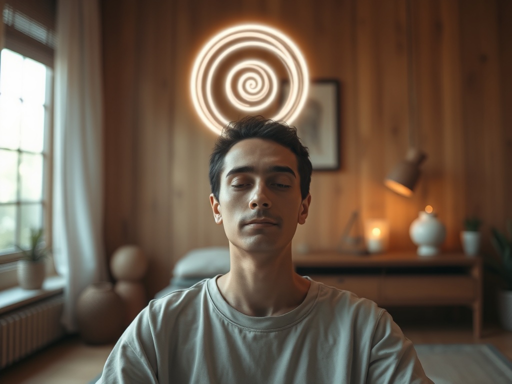 “A calm adult in a cozy meditation room, gentle glowing spiral above eyes, soft flowing light symbols releasing burdens, relaxed atmosphere, warm colors”. You MUST not include ANY brand images or logos. You may ONLY reply with the format given. If you