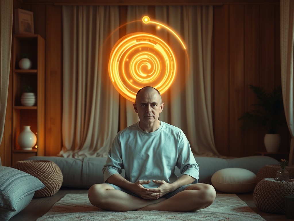 “A calm adult in a cozy meditation room, gentle glowing spiral above eyes, soft flowing light symbols releasing burdens, relaxed atmosphere, warm colors”. You MUST not include ANY brand images or logos. You may ONLY reply with the format given. If you
