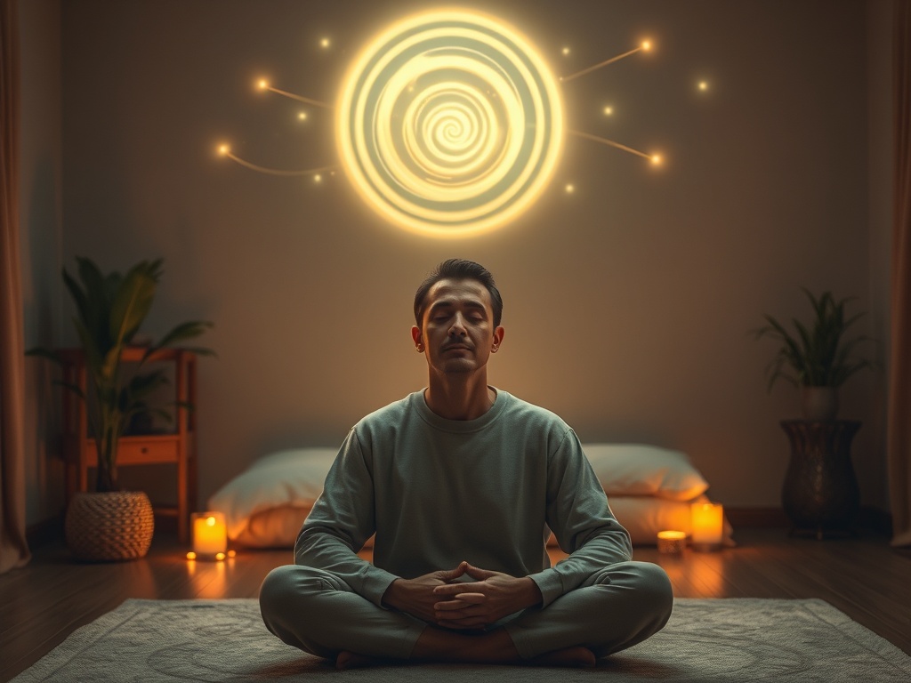 “A calm adult in a cozy meditation room, gentle glowing spiral above eyes, soft flowing light symbols releasing burdens, relaxed atmosphere, warm colors”. You MUST not include ANY brand images or logos. You may ONLY reply with the format given. If you