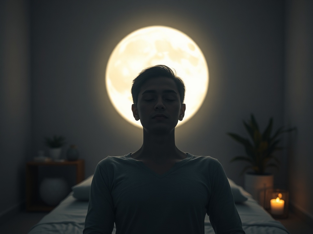 A serene adult in a dim therapy room, soft moonlike light, hypnotic spiral behind eyes, calm body, healthy lifestyle symbols, gentle warmth.