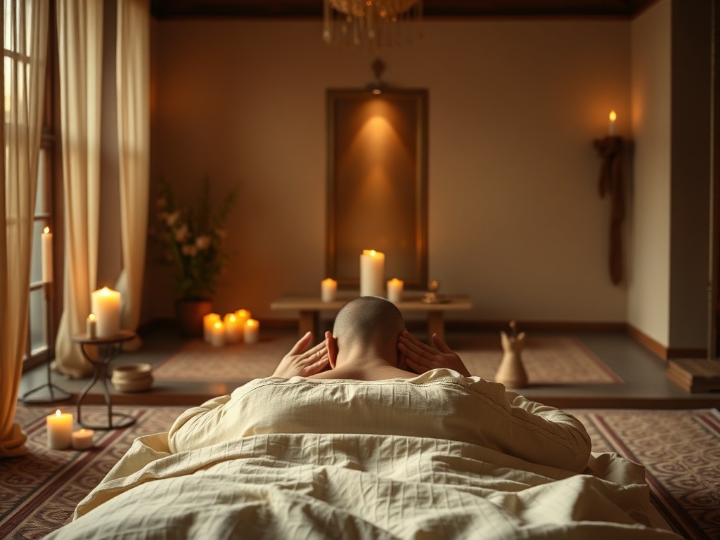 Tranquil sacred temple room, warm candlelight, soft linen bedding, serene healer’s hands near recipient’s shoulders, gentle breath-like aura, flowing golden energy.