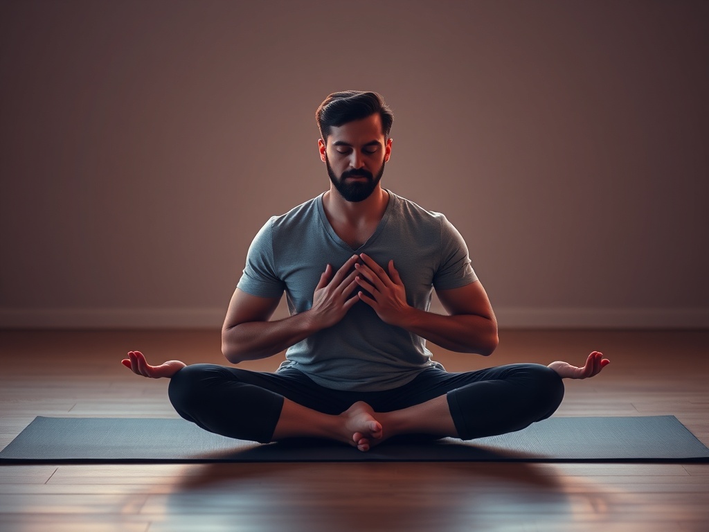 A focused man in early morning yoga pose on a mat, warm sunrise glow, breathing hands near chest, serene online-stream vibe, subtle energy light.