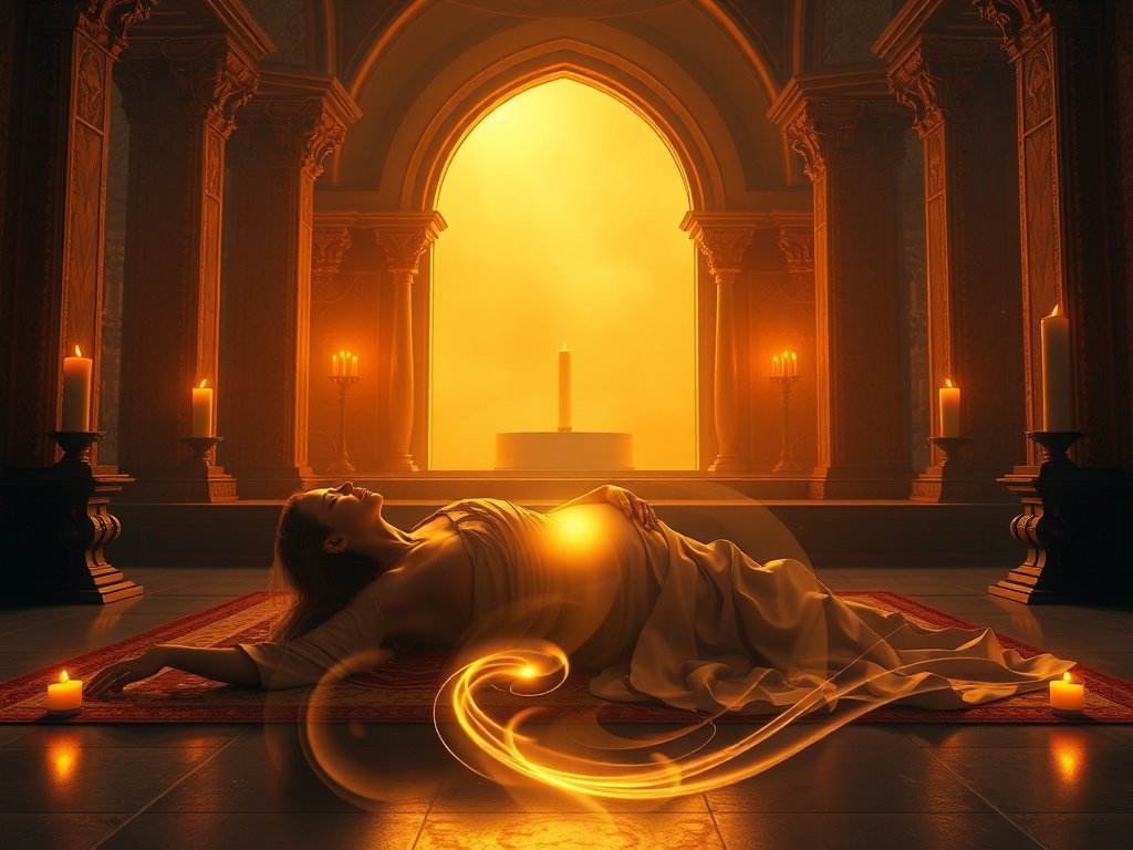 A candlelit sacred temple interior, warm amber light, serene reclining figure in flowing silk, gentle hands, breath-like mist, subtle golden energy swirling to heart and pelvis.