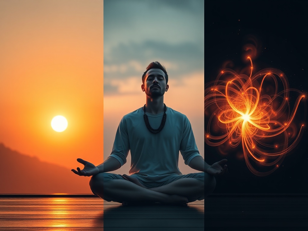 Three-panel scene "morning","midday","evening"; a man meditating in warm dawn light, then connected with flowing breath, then energized at night; serene, dynamic kundalini aura.