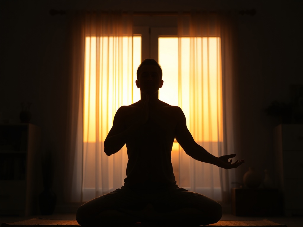 A calm male silhouette practicing kundalini yoga at home, sunrise window glow, soft blue orange light, mindful breathing, abstract energy lines, serene affirmation mood, no logos, no text.