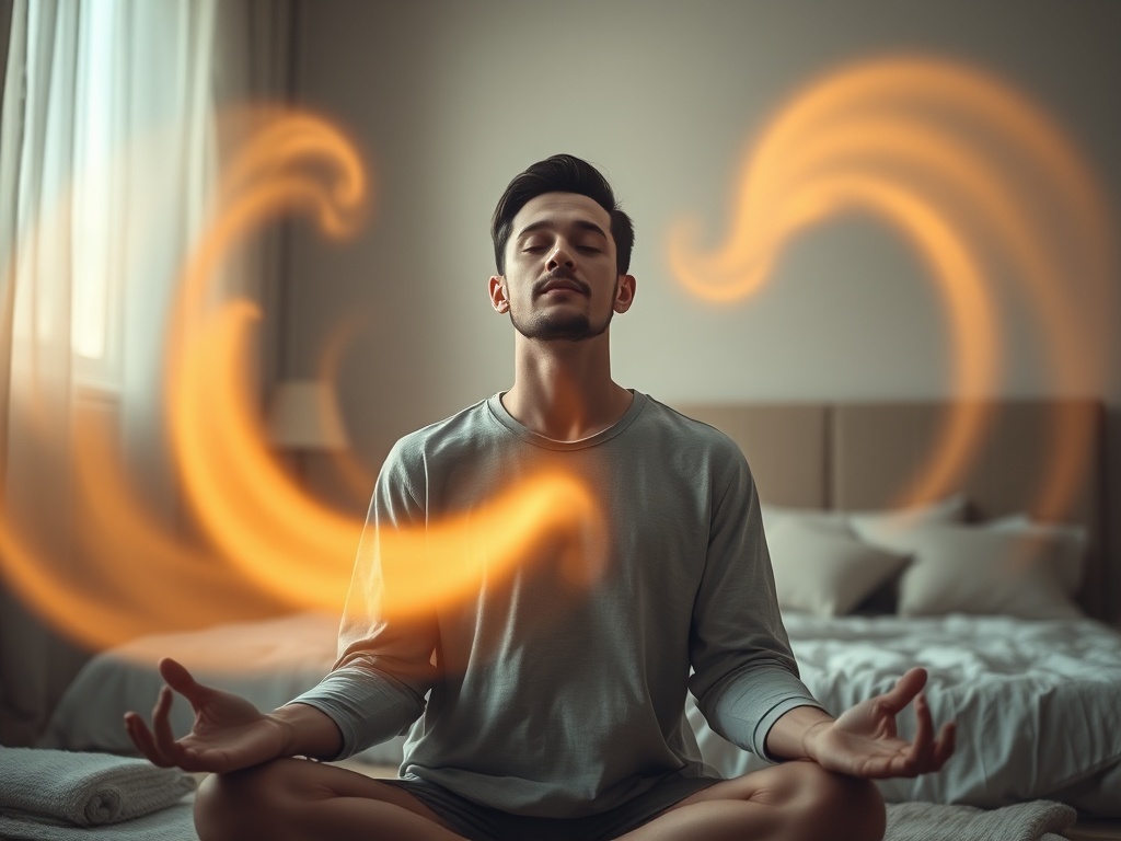 Serene adult in meditation, soft golden light swirling from chest outward, gentle mist releasing old habits, calming bedroom, hopeful expression, cinematic lighting.