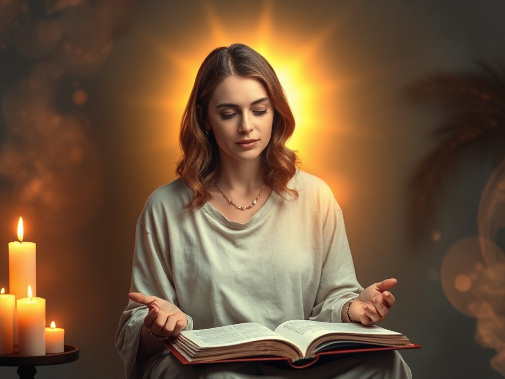 "warm candlelit aura" "guiding seated woman" "open journal and crystal" "soft flowing light" "calm face" "dreamlike background"