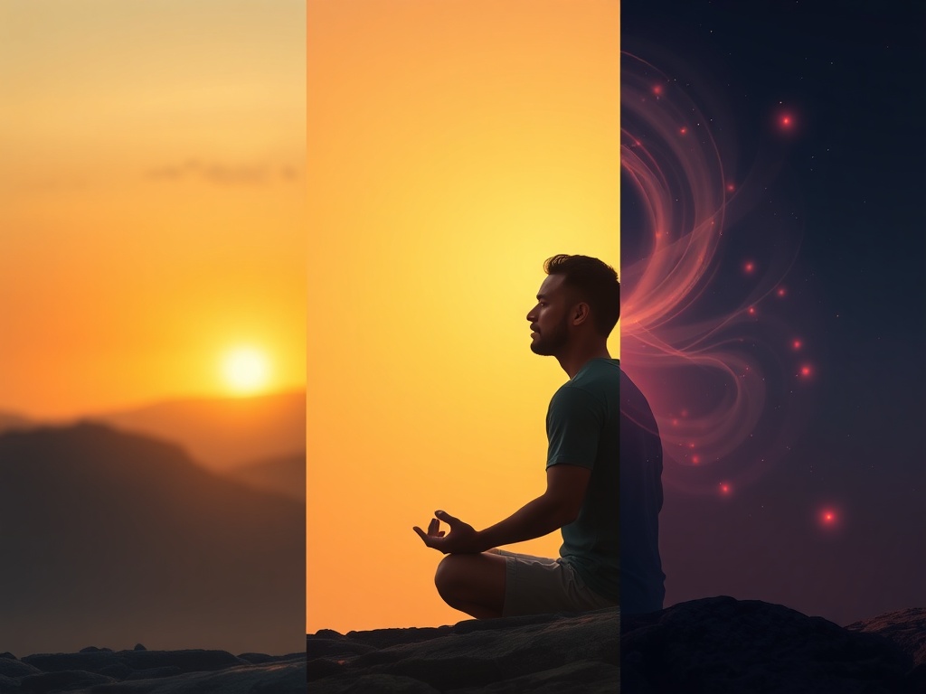 Three-panel scene "morning","midday","evening"; a man meditating in warm dawn light, then connected with flowing breath, then energized at night; serene, dynamic kundalini aura.